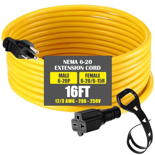 Saysurey NEMA 6-20 Extension Cord NEMA 6-20P Male Plug to 6-20R/6-15R Female Receptacle 20 Amp T-Blade Outlet Extension Power Cord with Waterproof Sockets Heavy Duty 12/3 AWG 250V 5000W(16 ft)