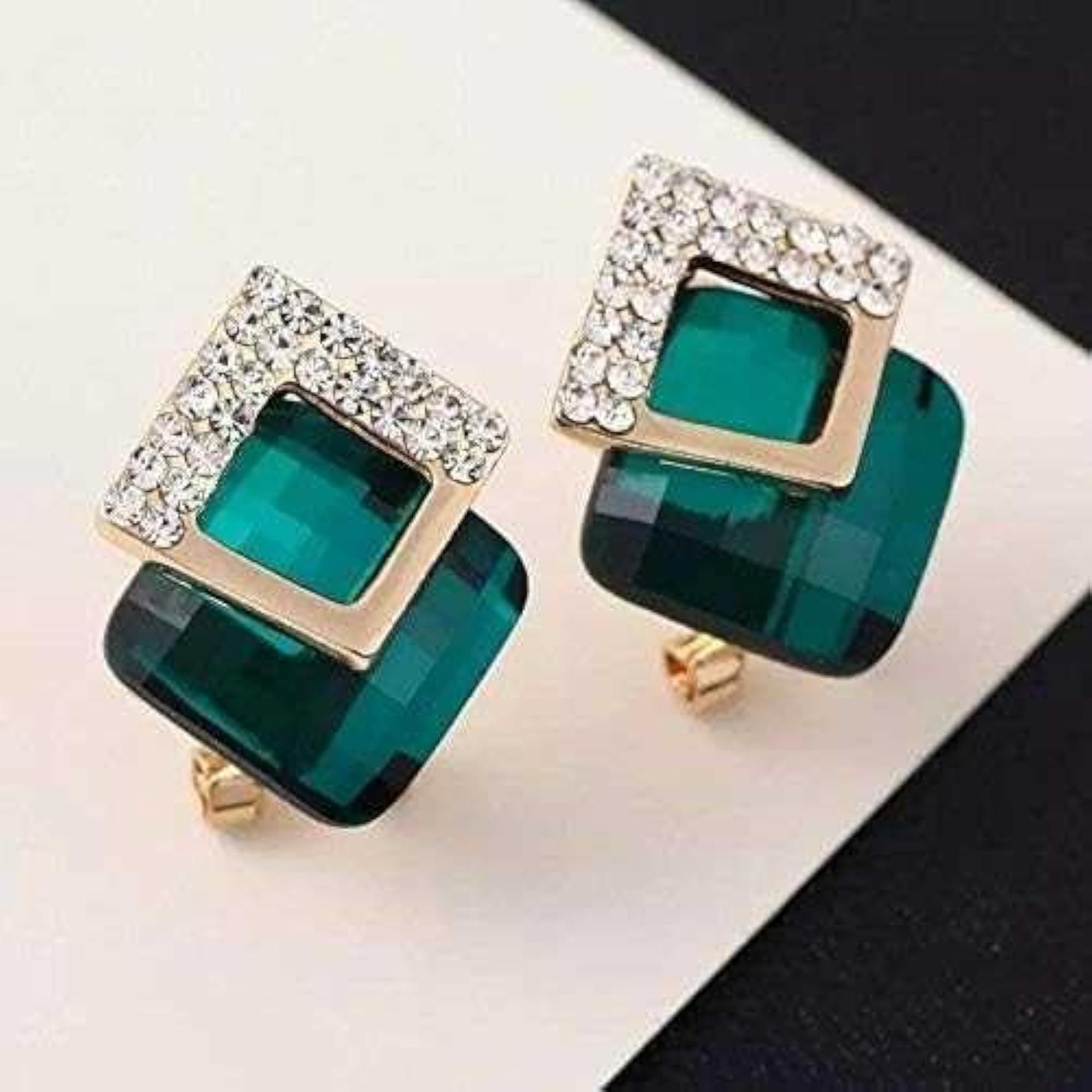 Crystal Stone Stud Earrings, Gold Plated, Pushback Closure