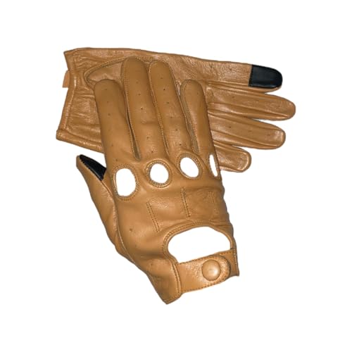 Image of Leather Full Finger Driving Gloves, Touchscreen Compatible, Perforated Breathable Design, Classic Motoring Style, Brown and Tan (Tan, L)