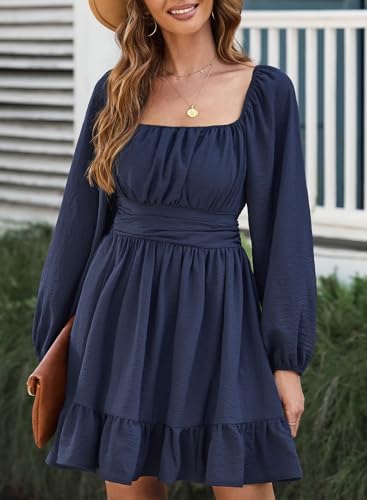 Image of Dokotoo Womens Dress Long Lantern Sleeve Square Neck Tie Backless Sexy Dress Ruffle Elastic Waist A-Line Mini Dress