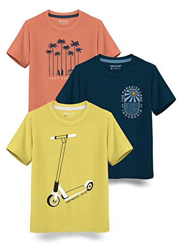 Image of HELLCAT Trendy Typographic Printed Cotton Blend Half Sleeve T-Shirt for Boys - Pack of 3