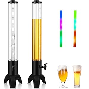 2 Pack Beer Dispenser 3 Liter/ 100oz Beverage Tower Dispenser Clear Tabletop Liquor Juice Margarita Drink Tower Dispenser with Removable Ice Tube and LED Light for Home Bar Party Outdoor