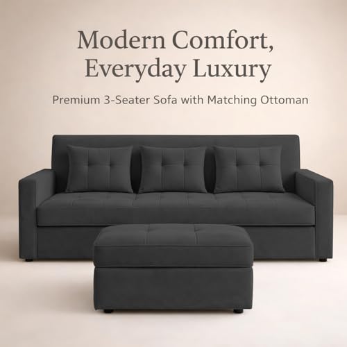 Image of Emilio 3 Seater with Ottomon Pull-Out Sofa Cum Bed (Black Color) Premium Fabric Sofa Set for Living Room | Bedroom