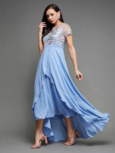 Image of Miss Chase Women's Round Neck Sleeve Embellished Fit Flare Maxi Dress