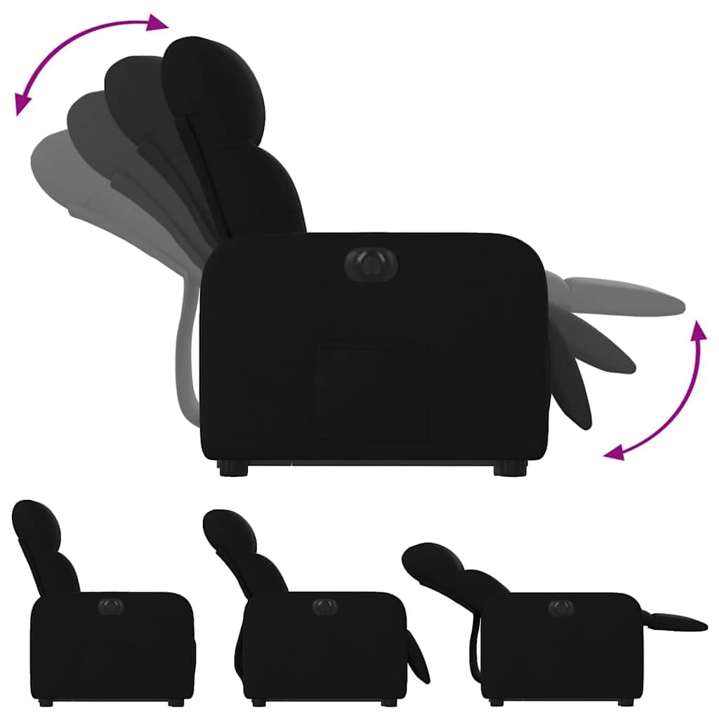 Sillón elevador reclinable eléctrico de tela negra con motor para elevación e inclinación hasta 135 grados, estructura estable y bolsillo lateral para máximo confort