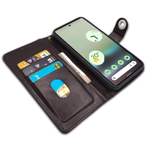 Image of Pikkme Google Pixel 6a Flip Cover Leather Finish | Inside TPU with Card Pockets | Wallet Stand and Shock Proof | Complete Protection Button Flip Case (Coffee)
