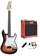 Electric guitar with 22 fret maple neck, solid body, chrome machine heads, three single-coil pickups and five-way switching 15 Watt guitar amp with 8" guitar speaker High quality guitar cable, adjustable guitar strap and gig bag Easy-to-use Electroni...