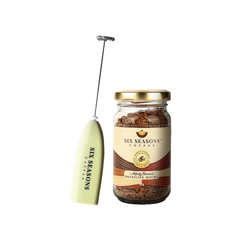 SIX SEASONS Instant Coffee Powder with Frother - Brazilian Mocha Flavoured Freeze Dried Coffee with no Added Sugar, 100% Arabica Roast Strong Hot & Cold Coffee, Gluten Free - 50gm (makes 25 cups)