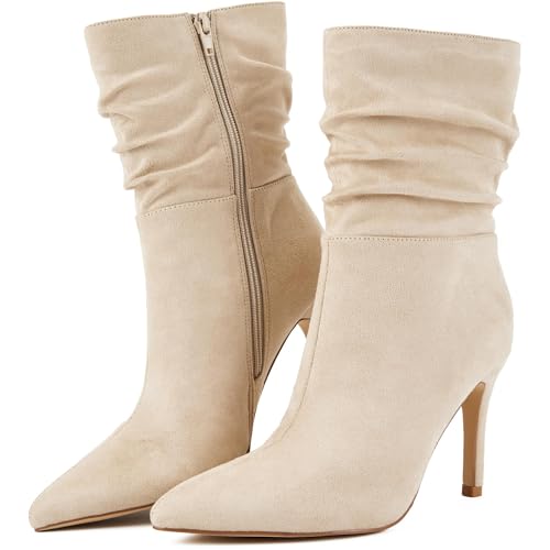 Putu Women's Stiletto High Heel Boots Slouchy Ankle Boots Sexy Dress Boots Beige 8.5
