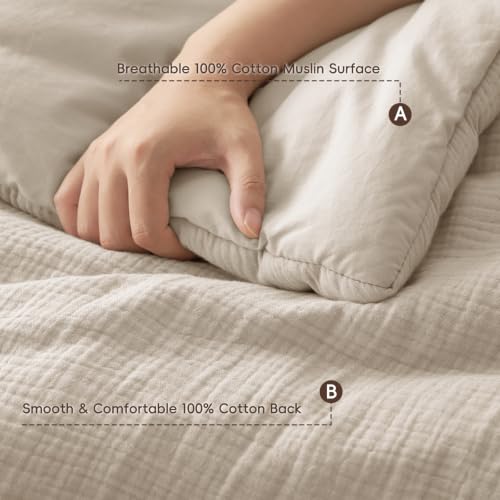Image of PHF Cotton Muslin Comforter Set King, Ultra Soft Breathable, Natural