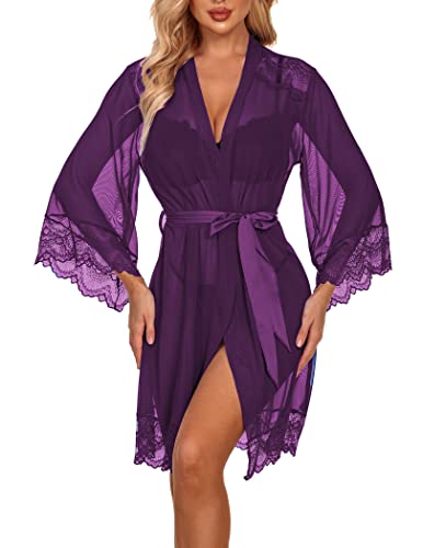 Avidlove Sexy Robes For Women Lace Robe For Women Lingerie Sheer Robes For Women Sexy Short Robes For Women Purple L #TOP5