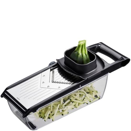 GEFU V-Hobel Julienne COLLECT | 5 Schnittstärken, 2 Klingen für 3–6 mm Streifen | Mit Auffangbehälter & Restehalter | Edelstahl, Spülmaschinengeeignet