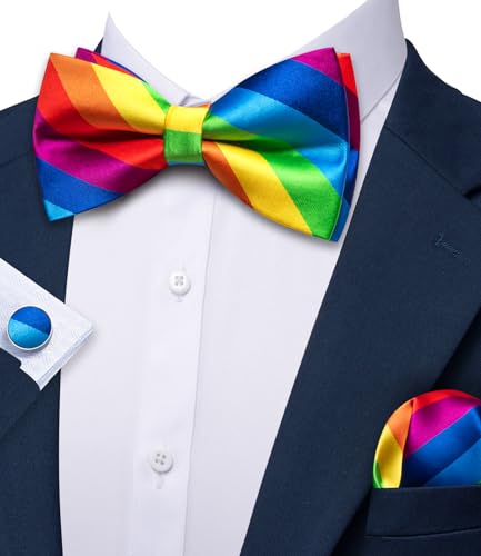 Image of YOHOWA Paisley Striped Men Bow Tie Pre-Tied Formal Adjustable Colorful Bowties Handkerchief Cufflinks Set Wedding Party