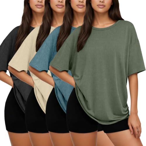 Image of Siimcuzy 2 /4 Pack Oversized Tshirts for Women Short Sleeves Workout Tops