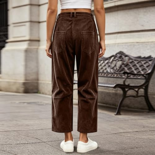 Corduroy Barrel Pants Women High Rise Baggy Wide Leg Trousers Brown - image 3