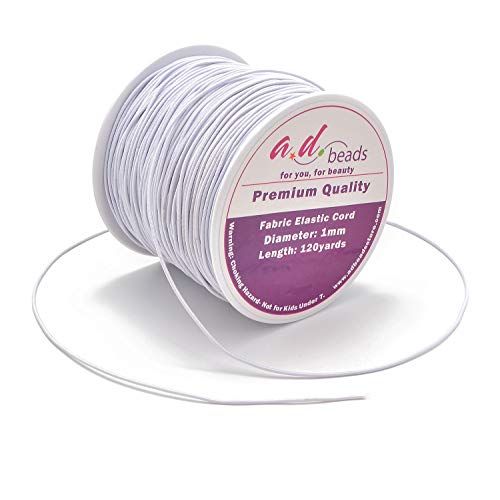 AD Beads 120 Yards 1.0MM White Elastic Cord for Beading,Bracelets,Jewelry Making (White)