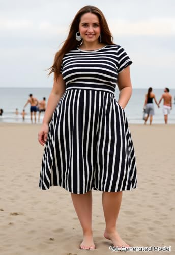 Image of Nemidor Women Plus Size Casual Dress Midi Flt Flare Pocket