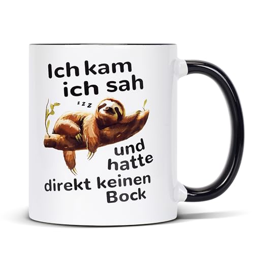 Merrwon Taza de café de cerámica con texto en alemán "Faultier ", 330 ml, apta para microondas y lavavajillas (a.negro-blanco)