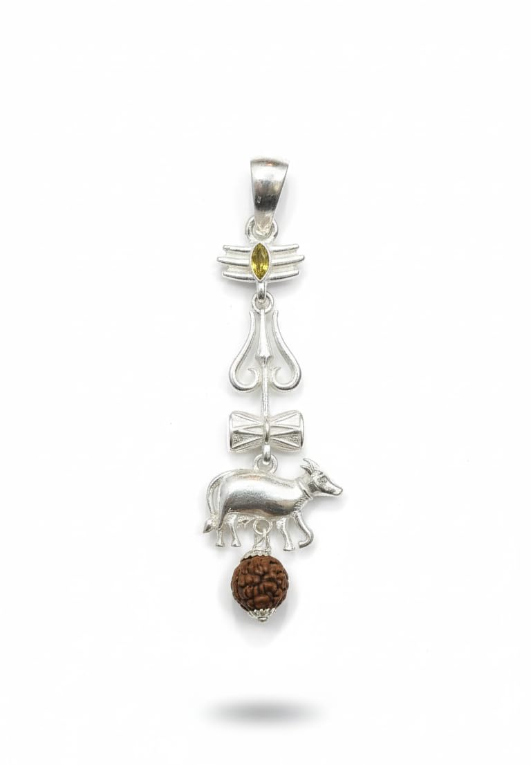 Silver Plated Brass Lord Shiva Inspired Nandi Bull Trishul Pendant with Natural Rudraksha | Spiritual Handmade Pendant Charm for Men