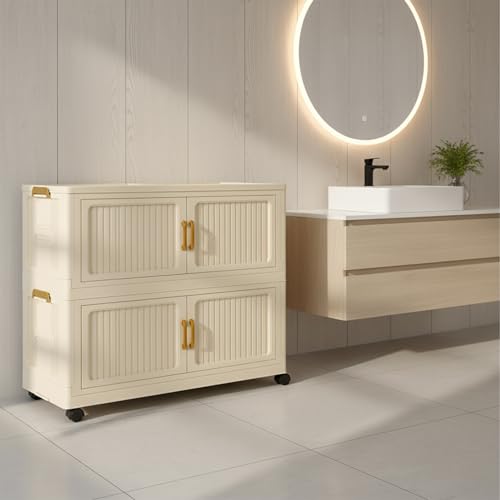 Image of House of Quirk Foldable Storage Box Cabinet with Wheels - Free Installation, Multi-Purpose Bedroom & Living Room Organizer, Shoe Rack, Snack & Household Storage (Cream, 2 Layer, 78cm)