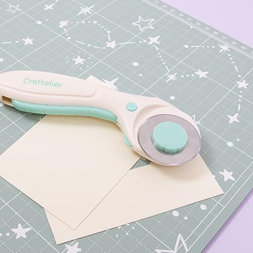 Craftelier Obrotowy nóż do scrapbookingu i projektów rzemieślniczych, funkcja przycisku blokady i odblokowywania, średnica ostrza 45 mm, kolor turkusowy i biały