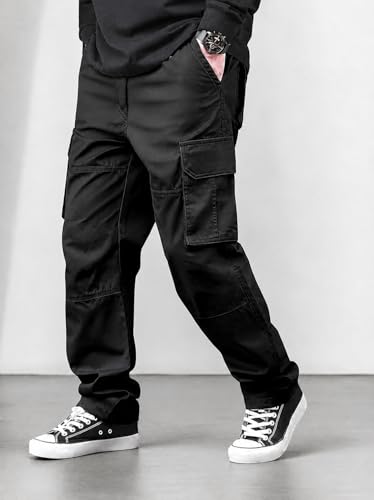 Image of Men's Cotton Cargo Pants for Men | Relaxed Loose Fit Drawstring Waist Cargo Trousers | Multi Pocket Casual Utility Pants for Outdoor, Travel