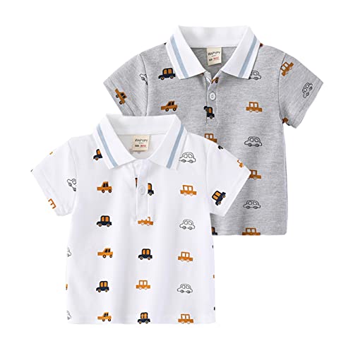 NautySaurs Boys Polo Shirts for 2-6 Years Kids Cartoon Car Short Sleeve Tees 2-Pack Baby Boy Summer Tees (Car-Grey+White, 5 Years)