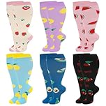 Zuimei 6 Pair Women Plus Size Leg Compression Socks, Fruit Pattern Wide Calf Compression Support Socks for Women, Ideal for Flight Travel Varicose Veins 3XL