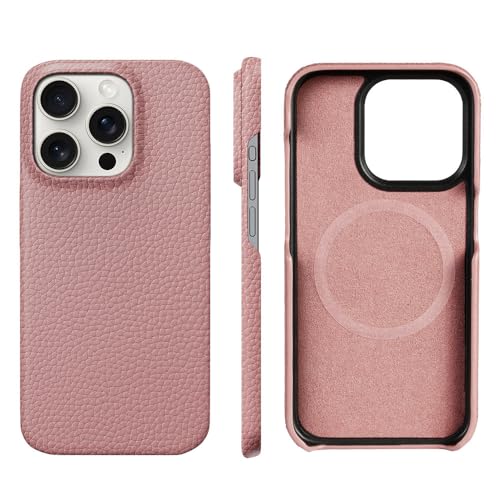 Coque iPhone 15 Pro cuir rose litchi magnétique idéale pour le bureau et les sorties