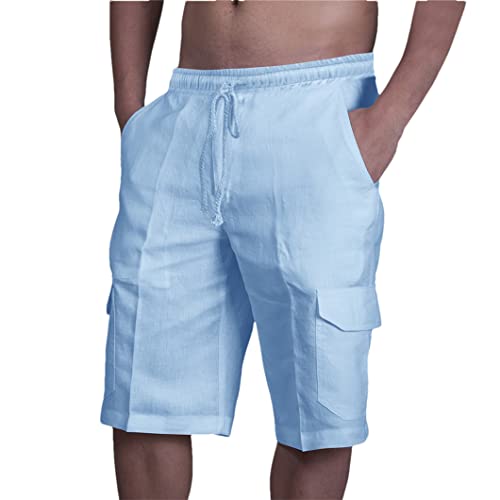 Short de plage homme coton lin multi-poches bermuda casual léger