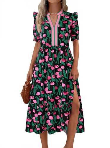 Image of Wenrine Womens Summer Floral Puff Short Sleeve V Neck Flowy Midi Dress | Casual,Ruffle Sleeve,Empire Waist,Swing,Boho,Beach,Vacation,Maxi Dress,with Pockets