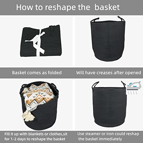 Image of XUANGUO Black Cotton Rope Laundry Basket Hamper for Clothes Large
