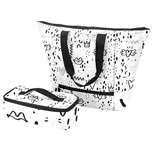 Grand sac fourre-tout blanc et boîte à déjeuner isolante avec motif cœur couronne