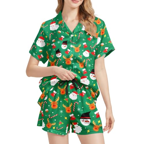 Image of Funny Satin Pajamas Set for Women Button Down Sleepwear Print Pjs Set 2 Piece Short Sleeve Loungewear Gift for Women
