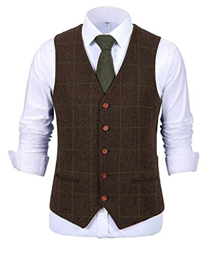 Men's Vest Plaid Soft Wool Brown Jacket Casual Gentleman Tweed Business Waistcoat for Groosmen Best Man for Wedding
