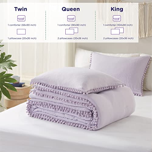 Edredón morado lavanda de microfibra matrimonial queen con flecos Codi 8
