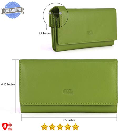 Image of Women's Top Grain Leather Wallet, RFID Blocking Bifold clutch, 17 Card Slots, Zip Pocket Organizer, Elegant Gift for Women - Birthday, Valentine, Anniversary - GREEN
