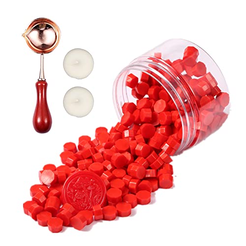 Comealltime Juego de 248 piezas de cera para sellar octogonales con 2 velas de té y 1 cuchara de fusión, barniz para sellos de cera (rojo)