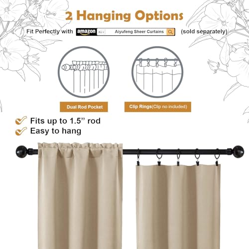 Image of Aiyufeng Biscotti Beige Blackout Curtains for Bedroom 63 Inch Length 2 Panels, Solid Thermal Insulated Energy Saving Rod Pocket Window Treatment Curtains Blackout Drapes, W40 x L63 Inch,Biscotti Beige
