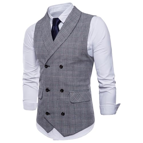 Mens Plaid Vest Double Breasted Fashion Lapel Slim Fit Formal Dress Vests Jacket Casual Business Waistcoat Tops3