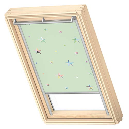 VELUX Original Dachfenster Verdunkelungsrollo für CK02, Grüne Sterne, mit Grauer Führungsschiene