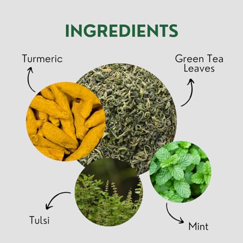 Image of Tealeaf & Co. Turmeric Tulsi Holy Basil Green Tea Loose Leaf - Turmeric, Tulsi & Peppermint Tea Blended with Fresh Herbs & Spices - 50 Servings, Low Caffeine & Gluten Free (3.52oz /100gm)
