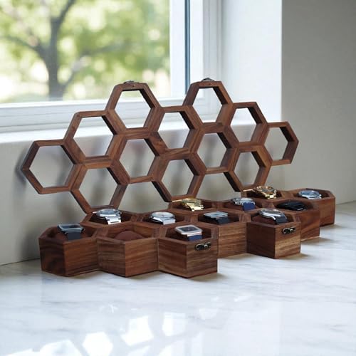 Image of Vintage Wooden Watch Box for Men, Timepiece Display Case, Honeycomb Watch Storage & Organizer, Jewlery Box for Women, Anniversary Gift For Husband (12 Compartments)