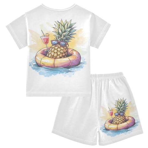 Pineapple Float Cocktail Glass Pajama Set Short Sleeve Sleepwear Soft Pajamas Shorts Sets Cotton PJS 5Y2