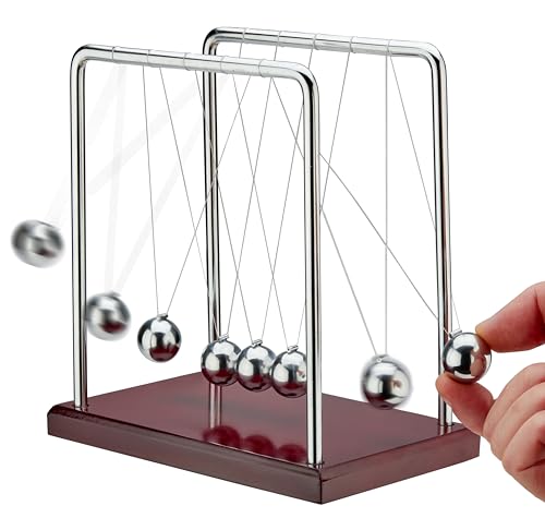 5 Beads Newton’s Cradle Balance Balls Desk Toy – Brown Wooden Base Office Decoration, Fun Science Physics Toy for Home, Bedroom, or Living Room