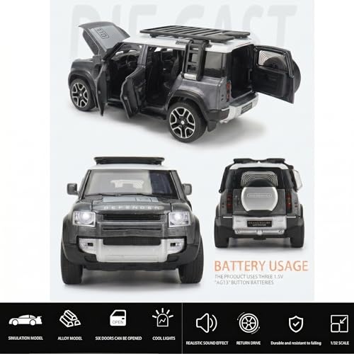 Image of 1:32 Scale Land Rover Defender Model Car - Exclusive Alloy Metal Pullback Toy with Openable Doors, Lights, and Music