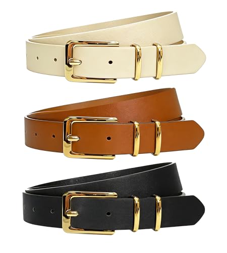 Neteson 3 Piezas Cinturón de Cuero Mujer Elegante Cinturón Clásico para Jeans Vestidos Pantalones Ajustable Cinturón Señoras Piel Ancho con Hebilla