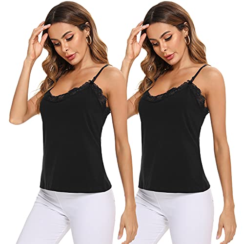 Irevial Camiseta sin Mangas Mujer Casual Camisola Sexy Encaje Camiseta sin Mangas con Cuello en V Cami Tops Algodón Color Sólido Dos Piezas, Negro+Negro, M Cover