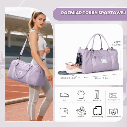 WEPLAN Torba Sportowa Damska Męska Torba Podróżna z Kieszenią na Buty Torba na Siłownię Torba Treningowa Fitness do Pływania Wodoodporna Torba Weekendowa Kobiet na Noc Basen,A11-Fioletowy