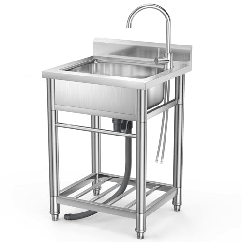 Kitchen Utility Sink Stainless Steel Commercial Restaurant Sinks Free Standing Single Bowl Workstation with Faucet Hose Drain Strainer Legs for Shop Farm Stable Hotel Laundry Room Backyard Outdoor